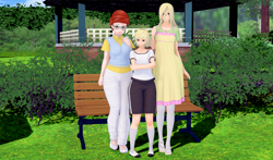 Size: 1700x1000 | Tagged: safe, artist:samaster, angel bunny, fluttershy, posey shy, human, 3d, before and after, bench, blonde hair, brown hair, bush, clothes, dress, family photo, female, gazebo, glasses, grass, grass field, human coloration, humanized, imminent bimboification, koikatsu, mother and child, mother and daughter, pants, park, park bench, sequence, shoes, shorts, socks