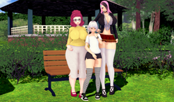 Size: 1700x1000 | Tagged: safe, artist:samaster, angel bunny, fluttershy, posey shy, human, 3d, before and after, bench, bimbo, bimbo 1.0, bimboification, breast expansion, breasts, bush, busty fluttershy, clothes, family photo, female, gazebo, glasses, grass, grass field, growth, humanized, koikatsu, mother and child, mother and daughter, pants, park, park bench, pink hair, school uniform, shoes, skirt, socks, striped socks, sweater, white hair