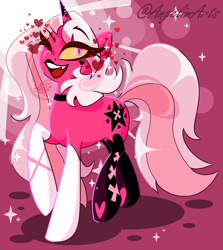 Size: 1248x1396 | Tagged: safe, artist:angietswing, demon, demon pony, pony, succubus, succubus pony, unicorn, abstract background, choker, clothes, fangs, female, heart, hellaverse, hellborn, helluva boss, horn, mare, one eye closed, pink, ponified, socks, solo, spring broken, verosika mayday, wink