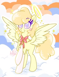 Size: 1200x1560 | Tagged: safe, artist:angietswing, angel, angel pony, original species, pegasus, pony, angelic wings, bowtie, c.h.e.r.u.b, cherub, chest fluff, clothes, cloud, female, gloves, halo, heaven, heavenborn, hellaverse, helluva boss, keenie, mare, on a cloud, ponified, solo, wings