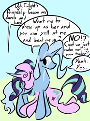 Size: 941x1264 | Tagged: safe, artist:captainzigo, starlight glimmer, trixie, pony, unicorn, g4, dialogue, duo, duo female, eyes closed, female, horn, lesbian, looking back, mare, ship:startrix, shipping, speech bubble