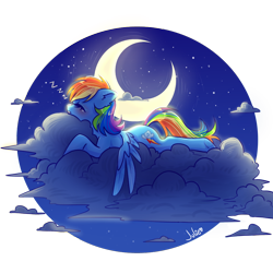 Size: 1000x1000 | Tagged: safe, artist:julieee3e, derpibooru exclusive, rainbow dash, pegasus, pony, g4, blushing, circle background, cloud, crescent moon, eyes closed, fanart, female, lying down, mare, moon, night, night sky, night sky background, on a cloud, onomatopoeia, prone, simple background, sky, sleeping, sleeping on a cloud, solo, sound effects, stars, transparent background, wings, wings down, zzz