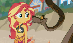 Size: 768x461 | Tagged: safe, artist:ocean lover, edit, sunset shimmer, snake, bare midriff, bare shoulders, beach, belly button, bikini, clothes, crossover, disney, geode of empathy, hypno eyes, hypnosis, kaa, kaa eyes, link in description, looking at each other, looking at someone, magical geodes, midriff, outdoors, sand, sarong, shell, summer, summer sunset, swimsuit, teal eyes, thumbnail, youtube link, youtube link in the description, youtube thumbnail, youtube video