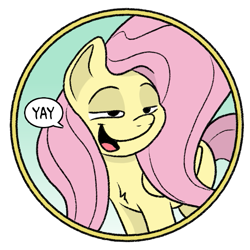 Size: 571x571 | Tagged: safe, artist:doodledonutart, fluttershy, pegasus, pony, female, lidded eyes, mare, open mouth, open smile, simple background, smiling, smugshy, solo, transparent background, yay