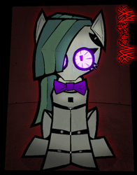 Size: 1172x1492 | Tagged: safe, artist:xxv4mp_g4z3rxx, marble pie, earth pony, pony, robot, robot pony, animatronic, bowtie, five nights at freddy's, glowing, glowing eyes, green coat, green mane, looking at you, purple eyes, red background, signature, sitting, solo, two toned mane