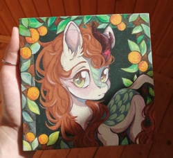 Size: 2048x1866 | Tagged: safe, artist:dorry, autumn blaze, kirin, g4, aside glance, female, gouache, hand, looking at you, mare, photo, solo, traditional art, turned head