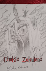 Size: 1800x2800 | Tagged: safe, artist:chakiz zukulenz, queen chrysalis, changeling, g4, cute, drawing, fangs, holes, looking at you, pencil, pencil drawing, photo, solo, tongue out, traditional art