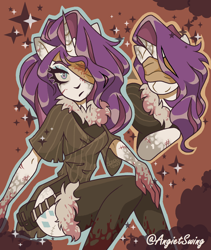 Size: 1600x1896 | Tagged: safe, artist:angietswing, rarity, pony, unicorn, anthro, my little worms, blood, butt, clothes, eyepatch, female, horn, mare, mlp infection, satchel, scar, self paradox, self ponidox, solo, stitches