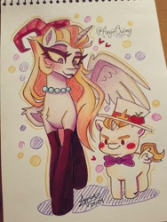Size: 1536x2048 | Tagged: safe, artist:angietswing, alicorn, pony, blushing, bowtie, chest fluff, clothes, devil horns, duo, female, hat, hazbin hotel, height difference, horns, jewelry, leg fluff, lilith morningstar, lucifer morningstar (hazbin hotel), male, mare, meme, necklace, pearl necklace, physique difference, ponified, short, size difference, slender, socks, stallion, tall, the bride and the ugly ass groom, thin, top hat, traditional art