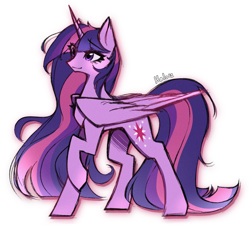 Size: 1500x1353 | Tagged: safe, artist:halo12zero, twilight sparkle, alicorn, pony, g4, concave belly, eye clipping through hair, eyebrows, eyebrows visible through hair, female, film grain, folded wings, horn, large wings, long mane, long tail, mare, older, older twilight, older twilight sparkle (alicorn), raised hoof, simple background, slender, smiling, solo, standing, tail, thin, twilight sparkle (alicorn), white background, wings