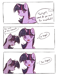 Size: 1504x1955 | Tagged: safe, artist:halo12zero, mean twilight sparkle, spike, twilight sparkle, alicorn, pony, g4, 3 panel comic, clone, comic, dialogue, evil clone, eye clipping through hair, eyebrows, eyebrows visible through hair, female, folded wings, horn, mare, no pupils, offscreen character, open mouth, simple background, speech bubble, twilight sparkle (alicorn), white background, wings