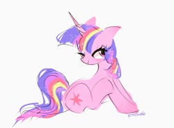 Size: 1024x752 | Tagged: safe, artist:petaltwinkle, twilight sparkle, pony, unicorn, g4, blushing, cute, ear blush, ears back, female, horn, looking back, mare, signature, simple background, sitting, smiling, solo, twiabetes, unicorn twilight, white background
