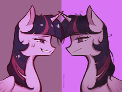 Size: 2048x1536 | Tagged: safe, artist:halo12zero, mean twilight sparkle, twilight sparkle, alicorn, pony, g4, angry, clone, cross-popping veins, duality, emanata, evil clone, female, folded wings, lavender background, looking at each other, looking at someone, mare, purple background, simple background, smiling, smirk, twilight sparkle (alicorn), twolight, wings