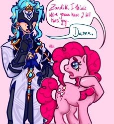 Size: 1873x2048 | Tagged: safe, artist:39fanclub, pinkie pie, earth pony, human, pony, clothes, dottore (genshin impact), genshin impact, gloves, i think we're gonna have to kill this guy, meme, open mouth, pink background, simple background, speech bubble