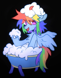 Size: 1920x2455 | Tagged: safe, artist:ksbanan, pegasus, pony, bathtub, black background, chest fluff, eye clipping through hair, female, mare, open mouth, open smile, simple background, smiling, solo, spread wings, wings