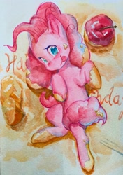 Size: 2585x3670 | Tagged: safe, artist:ph平和, pinkie pie, earth pony, pony, birthday cake, cake, food, looking at you, smiling, smiling at you, solo, traditional art, watercolor painting