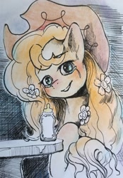 Size: 936x1348 | Tagged: safe, artist:ph平和, pear butter, earth pony, pony, g4, female, looking at you, mare, milk bottle, smiling, smiling at you, solo, teary eyes, traditional art, watercolor painting