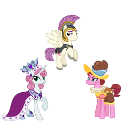 Size: 1280x1280 | Tagged: safe, artist:dazzle, chancellor puddinghead, commander hurricane, princess platinum, earth pony, pegasus, unicorn, g4, armor, cape, clothes, crown, ear piercing, earring, flying, founders of equestria, hat, helmet, horn, jewelry, pants, physique difference, piercing, regalia, royalty, simple background, transparent background, trio, unshorn fetlocks