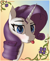Size: 1144x1386 | Tagged: safe, artist:raritymylove, derpibooru exclusive, rarity, pony, :p, blushing, bust, eyebrows, gradient background, looking at you, portrait, raised eyebrow, solo, tongue out