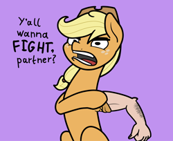 Size: 2048x1671 | Tagged: safe, artist:ewoudcponies, applejack, earth pony, pony, g4, arm, female, hand, purple background, rolling up sleeves, simple background, solo, suddenly hands, wat