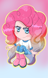Size: 1085x1775 | Tagged: safe, artist:windowsrose, pinkie pie, human, g4, alternate hairstyle, boots, clothes, female, gradient background, humanized, shirt, shoes, skirt, solo, stockings, thigh highs
