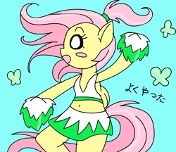 Size: 3232x2788 | Tagged: safe, artist:pinkamena_exe, fluttershy, butterfly, pegasus, pony, semi-anthro, g4, anime, belly button, blue background, blush sticker, blushing, cheerleader, cheerleader outfit, clothes, cyan background, female, folded wings, japanese, mare, midriff, pom pom, ponytail, simple background, skirt, solo, translated in the comments, wings