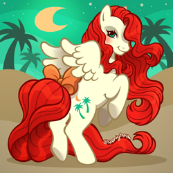 Size: 2400x2400 | Tagged: safe, artist:sparkytopia, paradise, pegasus, pony, g1, bow, desert, female, green eyes, looking at you, mare, night, raised hoof, rearing, red mane, signature, solo, spread wings, tail, tail bow, white coat, wings
