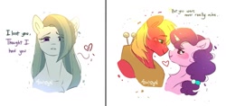 Size: 1631x768 | Tagged: safe, artist:mikkybun, big macintosh, marble pie, sugar belle, earth pony, pony, unicorn, g4, blushing, bust, dialogue, eye clipping through hair, eyebrows, eyebrows visible through hair, female, hair over one eye, heart, heartbreak, heartbroken marble, horn, looking at each other, looking at someone, male, mare, ship:sugarmac, shipping, simple background, smiling, smiling at each other, stallion, straight, teary eyes, trio, white background