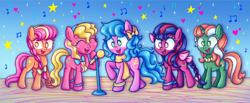 Size: 1556x642 | Tagged: safe, artist:felicitea, half note, melody, pretty beat, sweet notes, tuneful, earth pony, pony, unicorn, g1, g4, my little pony tales, female, filly, foal, g1 to g4, generation leap, horn, rockin beats, rockin' beats