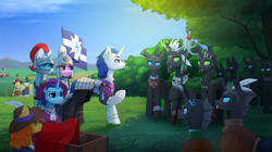 Size: 4000x2241 | Tagged: safe, artist:dipfanken, oc, oc only, changeling, pony, unicorn, antlers, armor, bush, changeling oc, feather, flag, green changeling, group, hat, horn, meeting, scenery, spear, tree, unicorn oc, weapon, windmill