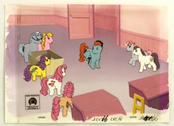Size: 1000x723 | Tagged: safe, bon bon (g1), clover (g1), miss hackney, patch (g1), starlight (g1), sweetheart, teddy, earth pony, pony, g1, my little pony tales, animation cel, butt, chair, colt, desk, door, female, filly, foal, glasses, male, mare, plot, raised hoof, standing, worried