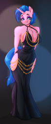 Size: 1624x3904 | Tagged: safe, artist:witchtaunter, oc, oc only, oc:meridian, unicorn, anthro, arm behind back, arm fluff, breasts, chest fluff, cleavage, cleavage fluff, clothes, commission, curvy, dress, ear fluff, eyeshadow, female, fishtail dress meme, horn, hourglass figure, leg fluff, looking at you, makeup, meme, shoulder fluff, smiling, smiling at you, solo, unicorn oc