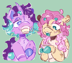 Size: 1668x1464 | Tagged: safe, artist:tottallytoby, fluttershy, starlight glimmer, pegasus, pony, unicorn, g4, :3, ahoge, alternate color palette, alternate design, alternate hair color, alternate hairstyle, beanbrows, blue tongue, blushing, chest fluff, colored eartips, colored eyebrows, colored hooves, colored horn, colored mouth, colored pinnae, colored tongue, colored wings, colored wingtips, cream wingtips, cup, curly mane, curly tail, curved horn, cute, cute little fangs, drink, drinking, duo, eye clipping through hair, eyebrows, eyebrows visible through hair, fangs, female, floppy ears, folded wings, hoof hold, horn, human shoulders, lesbian, lidded eyes, long mane, looking at someone, looking down, mare, open mouth, open smile, pink coat, pink mane, purple eyes, raised hoof, redesign, shiny hooves, ship:glimmershy, shipping, short mane, shoulder fluff, simple background, smiling, splotches, tail, teacup, teal background, two toned mane, two toned tail, two toned wings, wingding eyes, wings, yellow coat