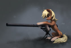 Size: 2651x1800 | Tagged: safe, artist:koviry, earth pony, pony, abstract background, blaze (coat marking), blonde mane, blonde tail, brown coat, coat markings, colored pinnae, commission, concave belly, facial markings, female, gun, hoof hold, long mane, long tail, looking at something, mare, ponified, recoilless rifle, rifle, sergeant reckless, sitting, slender, smiling, socks (coat markings), solo, tail, thin, unshorn fetlocks, weapon, wingding eyes, yellow eyes