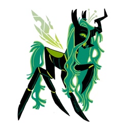 Size: 1200x1200 | Tagged: safe, artist:camo_ty, queen chrysalis, changeling, changeling queen, pony, g4, alternate color palette, alternate design, black coat, carapace, colored eyebrows, colored eyelashes, colored mouth, colored sclera, colored tongue, colored wings, concave belly, crown, fangs, female, floating wings, gradient wings, green eyes, green sclera, green tongue, horn, insect wings, jewelry, large horn, long horn, long legs, long mane, long tail, looking down, mare, open mouth, open smile, profile, raised hoof, redesign, regalia, sharp teeth, signature, simple background, slit pupils, smiling, spread wings, tail, teeth, thick horn, thin legs, tiara, torn ear, torn wings, wavy mane, wavy tail, white background, wings