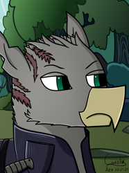 Size: 1248x1680 | Tagged: safe, artist:hno3, oc, griffon, equestria at war mod, equestria rises still (equestria at war submod), bust, clothes, forest, green eyes, griffon oc, jungle, knife, male, nature, portrait, scar, solo, tree