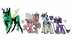 Size: 2900x1600 | Tagged: safe, artist:camo_ty, princess cadance, queen chrysalis, shining armor, twilight sparkle, alicorn, changeling, changeling queen, pony, unicorn, g4, alternate color palette, alternate cutie mark, alternate design, alternate eye color, alternate hair color, alternate hairstyle, alternate tailstyle, armor, big ears, big horn, blaze (coat marking), blue mane, blue tail, carapace, chestplate, coat markings, colored ears, colored eartips, colored eyebrows, colored hooves, colored horn, colored mouth, colored pinnae, colored sclera, colored tongue, colored wings, colored wingtips, concave belly, crown, curved horn, dot eyes, ear tufts, eart ufts, facial markings, fangs, female, fetlock tuft, floating wings, glasses, gradient wings, green eyes, green mane, green sclera, green tail, green tongue, group, heart, heart mark, height difference, horn, insect wings, jewelry, leonine tail, long horn, long legs, long mane, long tail, looking back, looking down, male, mare, multicolored mane, multicolored tail, open mouth, open smile, peytral, physique difference, pink coat, pink eyes, ponytail, purple coat, quartet, raised hoof, redesign, regalia, sharp teeth, shiny hoof, signature, simple background, size chart, size comparison, slit pupils, smiling, snip (coat marking), spread wings, stallion, tail, teeth, thick horn, thin legs, tiara, tied mane, torn ear, torn wings, two toned wings, unicorn twilight, wall of tags, wavy mane, wavy tail, white background, white coat, wing ears, winged hooves, wings