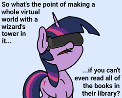 Size: 2048x1647 | Tagged: safe, artist:ewoudcponies, twilight sparkle, pony, unicorn, g4, blue background, female, implied books, light blue background, mare, open mouth, simple background, solo, that pony sure does love books, unicorn twilight, virtual reality, vr headset