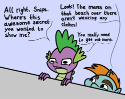 Size: 2048x1627 | Tagged: safe, artist:ewoudcponies, snips, spike, dragon, pony, unicorn, g4, casual nudity, horn, male, nudity, unamused, we don't normally wear clothes