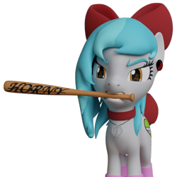 Size: 1080x1080 | Tagged: safe, artist:the luna fan, derpibooru exclusive, oc, oc only, oc:sweet elis, earth pony, pony, 3d, angry, baseball bat, blender, blender cycles, bow, choker, clothes, earth pony oc, female, hair bow, horny jail, looking at you, mare, mouth hold, open mouth, peace sign, rainbow socks, simple background, socks, solo, striped socks, text, transparent background