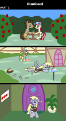 Size: 1920x3516 | Tagged: safe, artist:platinumdrop, derpy hooves, doctor whooves, noi, roseluck, time turner, earth pony, pegasus, pony, comic:dismissed, g4, 3 panel comic, alcohol, alternate timeline, background pony, bag, ball, blushing, bottle, comic, commission, crying, date, drink, female, female pov, filly, flower, flying, flying away, foal, folded wings, garden, hat, heartbreak, holding hooves, looking at each other, looking at someone, mail, mailbox, mailmare, mailmare hat, mailmare uniform, mailpony, male, mare, midair, mouth hold, offscreen character, offscreen female, open mouth, outdoors, ponyville, pov, red wine, romance, rose, rose garden, sad, saddle bag, scrunchy face, ship:doctorrose, shipping, smiling, stallion, straight, sun hat, tears of sadness, teary eyes, this will not end well, town, wine, wings