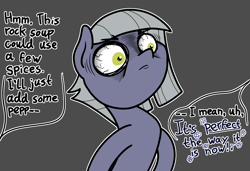 Size: 2048x1399 | Tagged: safe, artist:ewoudcponies, limestone pie, earth pony, pony, g4, angry, bloodshot eyes, faic, female, food, glare, gray background, rock soup, simple background, soup