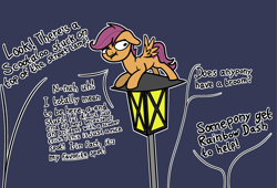 Size: 2048x1391 | Tagged: safe, artist:ewoudcponies, scootaloo, pegasus, pony, g4, blatant lies, denial, dialogue, female, filly, foal, gray background, lamppost, offscreen character, outline, simple background, solo, stuck, white outline