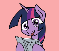 Size: 2048x1752 | Tagged: safe, artist:ewoudcponies, twilight sparkle, pony, g4, :p, book, female, pink background, silly, simple background, solo, tongue out