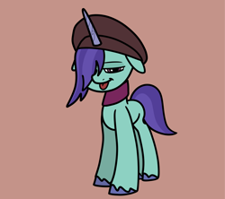Size: 2048x1818 | Tagged: safe, artist:ewoudcponies, onyx, pony, unicorn, g5, brown background, clothes, female, hat, horn, mare, scarf, simple background, solo, tongue out