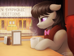 Size: 3200x2400 | Tagged: safe, artist:novaintellus, octavia melody, earth pony, pony, g4, audition, booth, bowtie, cafe, coffee, coffee mug, female, floppy ears, high res, indoors, mare, mug, rain, signature, sitting, solo, story included, table, theater, window