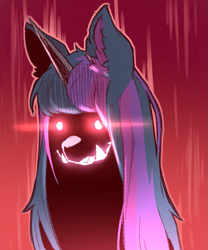 Size: 847x1020 | Tagged: safe, artist:cold-blooded-twilight, twilight sparkle, dog, cold blooded twilight, g4, alternate design, creepy, creepy smile, fangs, glowing, glowing eyes, long hair, smiling, species swap