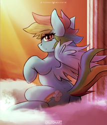 Size: 2500x2926 | Tagged: safe, artist:crutonart, artist:foxinshadow, rainbow dash, pegasus, pony, g4, cloud, collaboration, crepuscular rays, eye clipping through hair, eyebrows, eyebrows visible through hair, female, high res, looking at you, looking back, looking back at you, mare, on a cloud, profile, sitting, sitting on a cloud, solo, spread wings, tail, wings