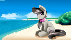 Size: 3555x2000 | Tagged: safe, artist:neoncel, octavia melody, earth pony, pony, g4, backwards cutie mark, beach, bowtie, cloud, day, female, high res, looking at you, mare, ocean, octavia's bowtie, outdoors, sitting, sky, smiling, smiling at you, solo, tail, water