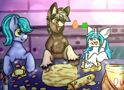 Size: 1048x765 | Tagged: safe, artist:deadsmoke, oc, oc only, oc:cristopher, oc:kate sanders, oc:snowflake white, cheese, chest fluff, commission, cooking, cucumber, dough, female, flour, food, funny, hoof fluff, kitchen, male, mare, meat, messy, rolling pin, sausage, simple background, smiling, stallion, talking, together, wholesome